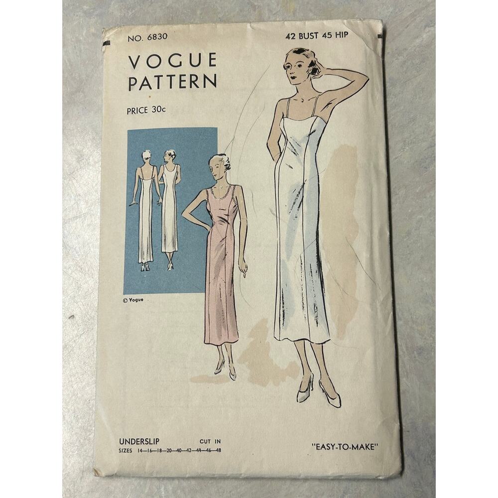 Vintage 1930's Vogue Pattern #6830 Women's Underslip Bust 42" Hip 45" HTF